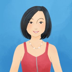 Lucy Khoo illustration: East Asian woman with chin length black hair, wearing a beaded necklace and red tank top, in front of blue background