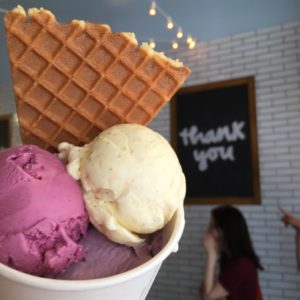 a piece of waffle cone tucked into a paper cup with pink, light yellow, and purple ice cream scoops. In the background is a sign that says "thank you"